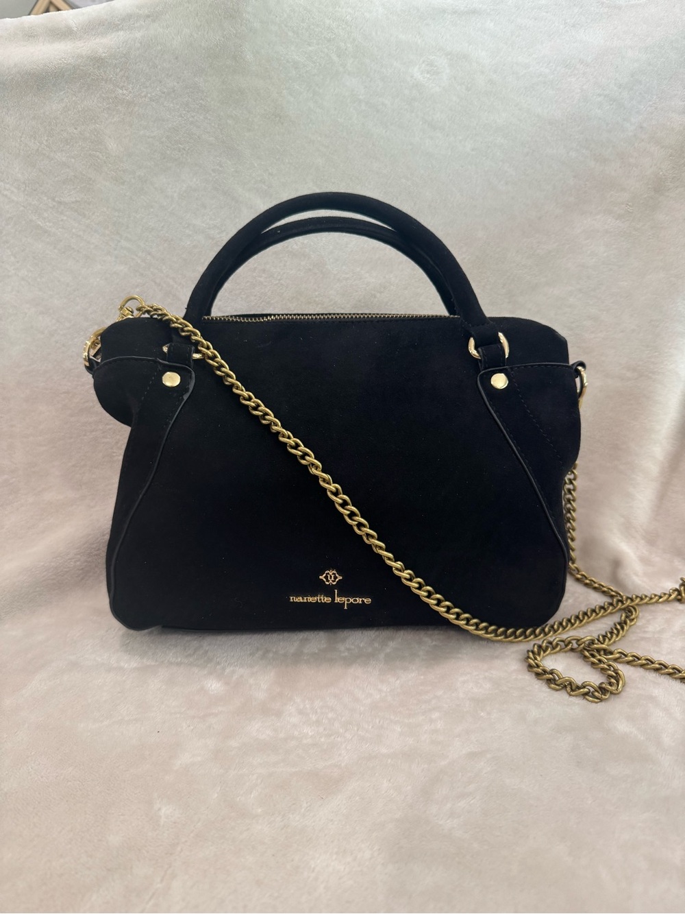 Nanette Lepore Black Suede Top-Handle Satchel with Gold Chain